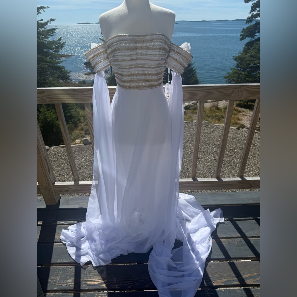 Mon Cheri Strapless Dress: Gold & White w/cape and sleeves beaded!